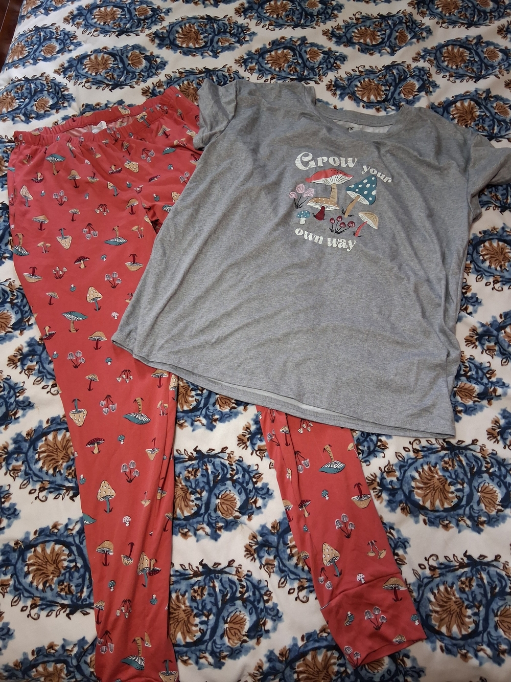 Cozy Gray Tee & Coral Mushroom Pajama Set